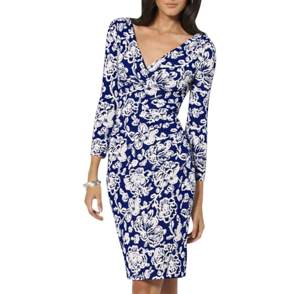 NWT Lauren Ralph Lauren Faux Wrap Floral Sheath Dress Navy White Size 10